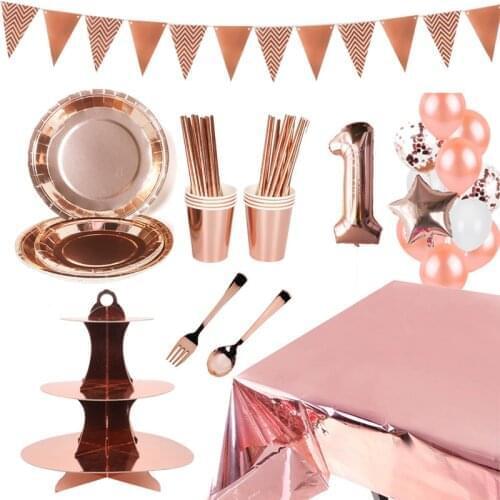 Rose Gold Adult Birthday Party Decorations Tablecloth Disposable Tableware Kids 1st Birthday Party Supplies Wedding Decorations