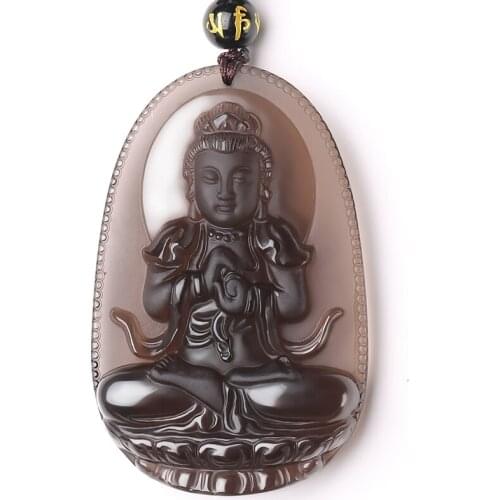 High Quality Ice Kind Obsidian Stone Carved Goddess of Mercy Bodhisattva Amulet Pendant Free Necklace Fashion Jewelry