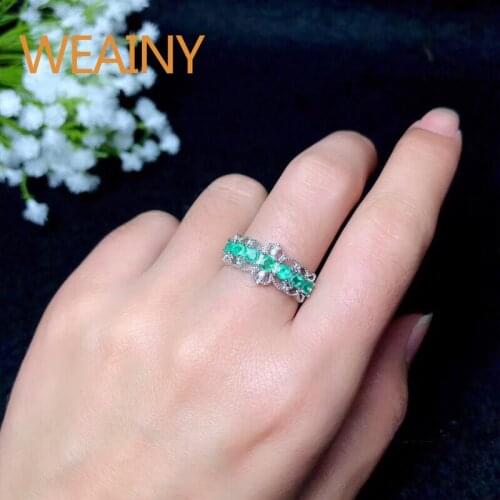 WEAINY Natural Green Emerald Ring Genuine S925 Sterling Silver Fashion Vintage May Birthstone Rings For Women Fine Jewelry