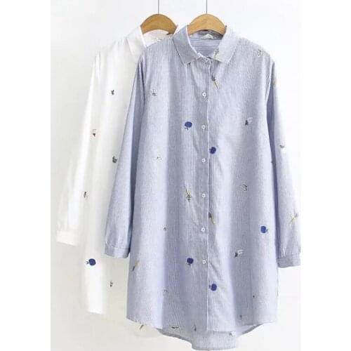 Spring Autumn Japanese Embroidery Long Style Shirt Women Striped Turn Down Collar Casual Sweet Female Blouses Tops U277