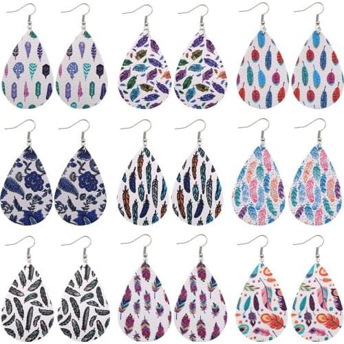 Fresh Rainbow Feather Animal Print Faux Leather Earrings Cute Teardrop Dangle Earrings for Women Cute Colorful Fashion Jewelry