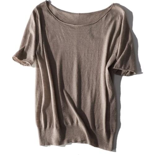 Short Sleeve Wool Linen Blends Knitted Tops Slash Neck Pullover Women Summer Sweaters