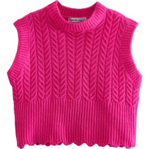 FASHION ZA 2021 women winter sleeveless sweater Red knitted vest with woven pattern chic female Pullovers ladies waistcoat