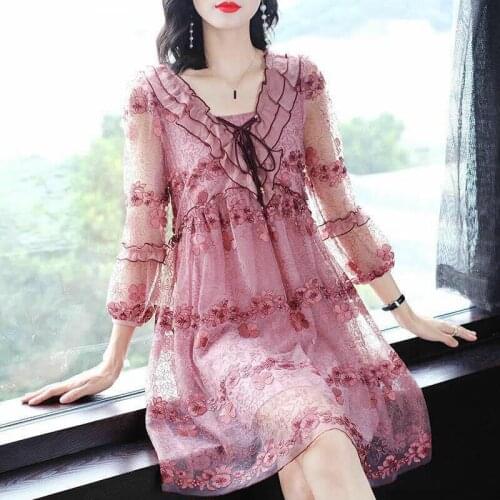 2020 Spring Fall Womens V Neck Ruffled Embroidery A Line High Waisted Dress , Korean Woman Loose 3/4 Sleeve Dresses