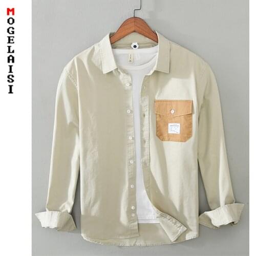 2021 New casual men shirt long sleeve 100% cotton pocket solid high quality man tops Asian size Shirts 1233