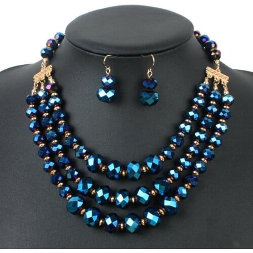 3 Rows Multi Layer Glass Beads Statement Bridal Necklace Earrings Jewelry Sets For Women Choker Necklace Jewelry Sets Duftgold