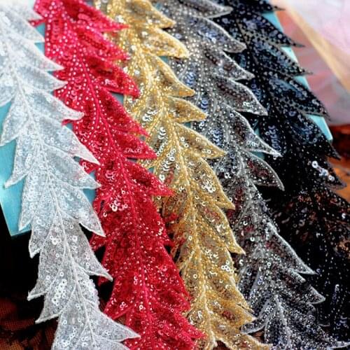 6.5cm Red Beaded Lace Trim Sequins Mesh Lace Ribbon Fabric Wedding Dress DIY Collar Sewing Garment Headdress Materials Leaf Lace