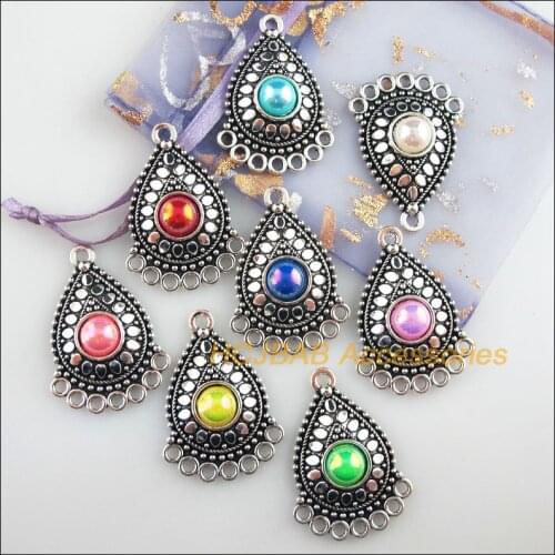 8 New Teardrop Charms Tibetan Silver Tone Retro Mixed Acrylic Connectors 25.5x36mm
