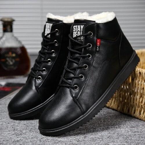 Men Snow Boots Plush Lining Leather Short Ankle Boots Lightweight Lace Up High Top Warm Shoes Flat Fashion Winter Sneakers