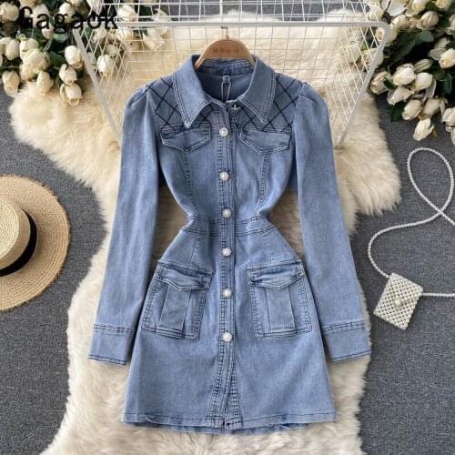 Gagaok Denim Dress Women 2021 Spring Autumn New Lapel Button Vintage Plaid Mini Dresses Fashion Vintage Chic Korean Vestidos