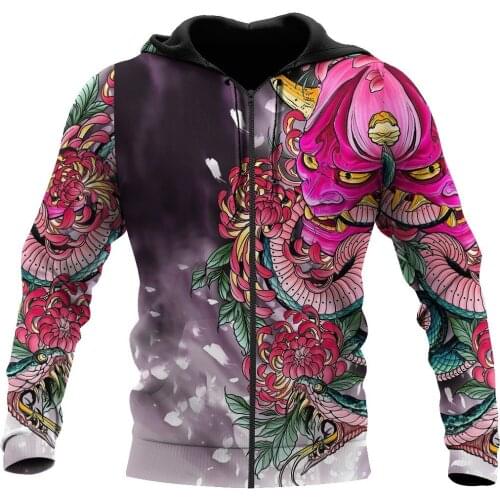 Retro Samurai Tattoo Flowers 3D Printed Autumn Men Hoodies Unisex Casual Pullover Zip Hoodie Streetwear Sudadera Hombre DW0507