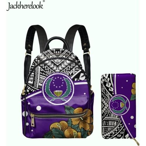 Jackherelook Pohnpei Polynesian Flowers Print Fashion Female Satchel Bag PU Leather Mini Backpack Wallet 2pcs/Set for Women