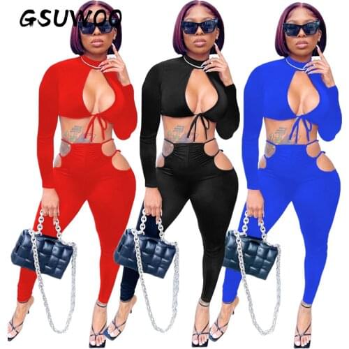 GSUWOO Sexy Nightclub Woman Strappy Long-sleeved Top Pants Slim Set Low Cut Crop Tops Leggings Two Pieces Outfits Clothing