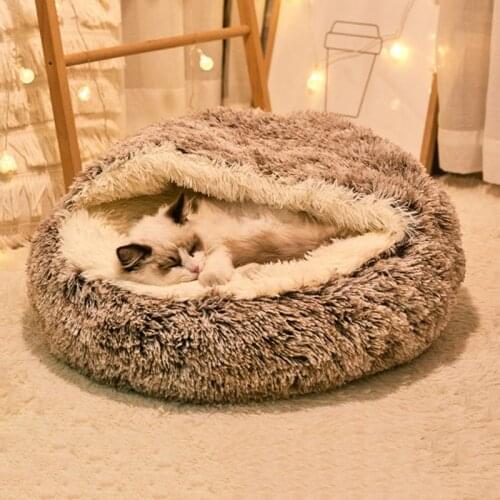 Round Plush Pet Dog Cat Bed Semi-enclosed Cat Nest For Deep Sleep Comfort Cats Bed Little Basket Mat Soft Kennel