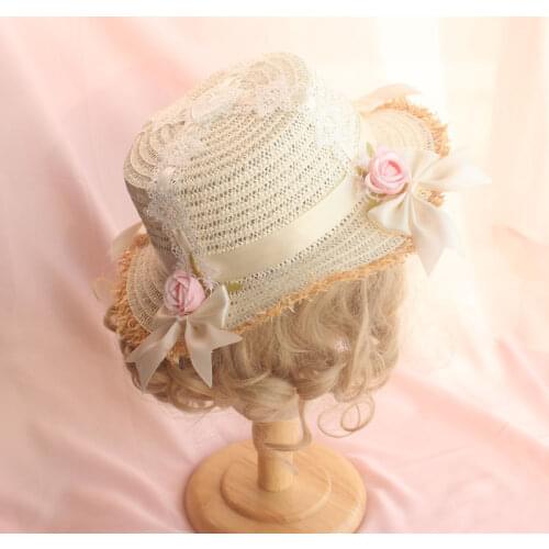 Sweet Lolita Girl Handmade Rose Straw Hat Flat Hat Sun Hat Lace Bows Trim Mori Girl Cute