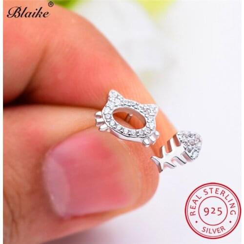 Cute Cat Love Fish Bone Earrings Real 925 Sterling Silver Animal Stud Earrings For Women Crystal Wedding Earring Party Jewelry