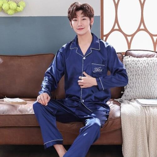 Mens Stain Silk Pajama Set Long T-shirt & Long Pants Elastic Waist Men Pajamas Fit All Season Leisure Home Clothes