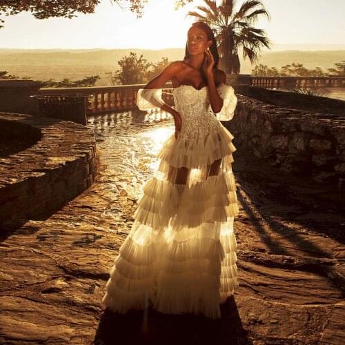 Chic Beach See Thru Lace Bridal Dresses Ruffles Tiered Tulle A-line Women Dresses To Party Off The Shoulder Sexy Long Robe