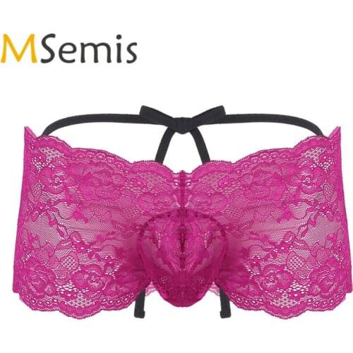 Mens Sissy Lingerie Bikini Briefs Floral Lace Sissy Panties Strappy Bulge Pouch See Through Low Rise Gay Underwear