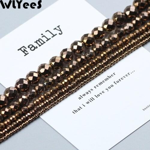 WLYeeS Plating Copper faceted Round Hematite beads Spacer Loose beads 2 4 6 8 10mm Ball for DIY Jewelry Earring Bracelet Making