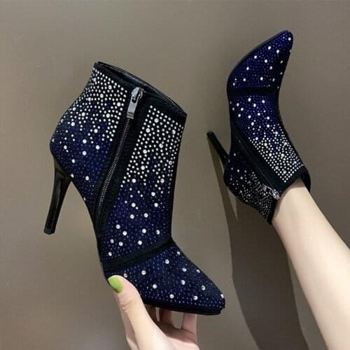 Womens Ankle Boots Pointed Toe Crystal Womens Fashion Elegant Ladies Thin High Heels Shoes Women