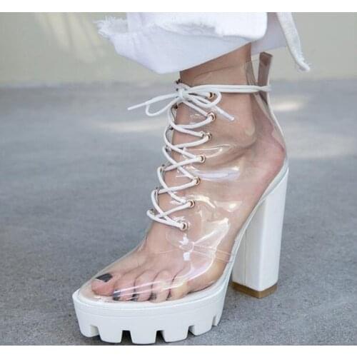 Moraima Snc Fashion PVC Patchwork High Heel Boots Sexy Pointed Toe Lace-up Thick Heels Shoes Woman Ankle Boots