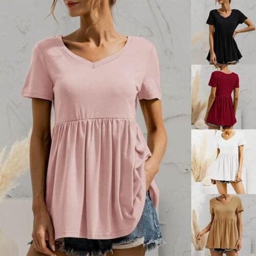 Womens V-Neck Ruffled Tops Summer Short-Sleeved Babydoll Casual Pleated T-Shirt