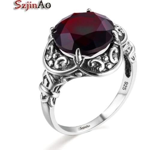 Szjinao Byzantine Style Female Ring Garnet 925 Sterling Silver Engagement Wedding Band Ring for Women Medieval Pattern
