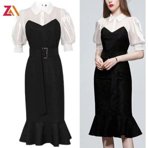 ZALady office work OL midi dress woman fashion summer puff short sleeve white black traf chic plus size womens dresses female