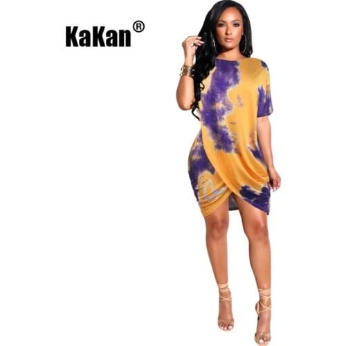 KaKan Sexy Round Neck Pleated Design Irregular Short Sleeve Nightclub Dress 2020 Spring New Womens Dress