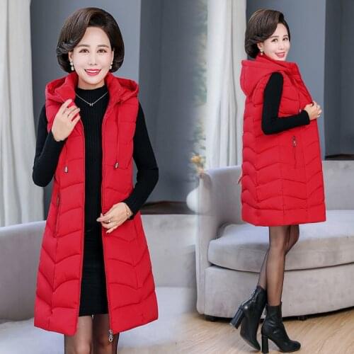 Middle-aged Mother Winter Thick Parka Hooded Women Vest Cotton Sleeveless Long Coat Plus Size 6XL Casual Waistcoat Mujer
