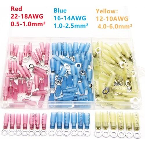 120Pcs Heat Shrink Insulated Ring Terminals Electrical Wire Cable Crimp Ring Connectors Ring Butt Marine Automotive Terminals