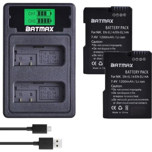 2pc EN-EL14 EN-EL14A Battery+LCD USB Dual Charger with USB Cable for Nikon D3100 D3200 D3300 D3400 D3500 D5600 D5100 D5200 P7000