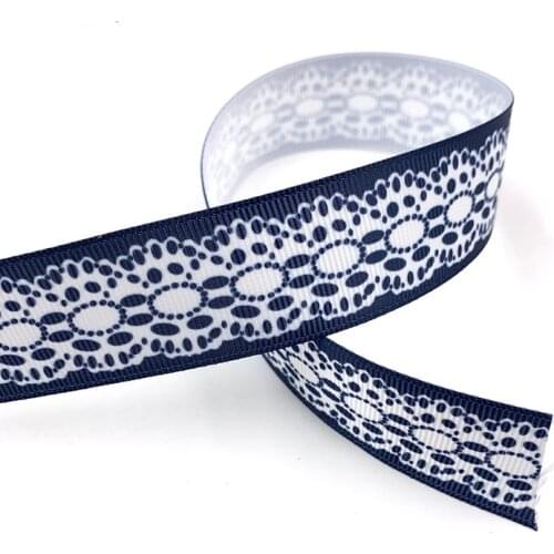 Free shipping, Lace pattern printed 1'' (25mm)blue color Grosgrain ribbon Polyester gift package ribbon DIY hairbow accessories