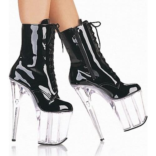 20cm ankle boots transparent heels high heel boots 8inch Patent leather Steel tube dance shoes shoelaces platform heels