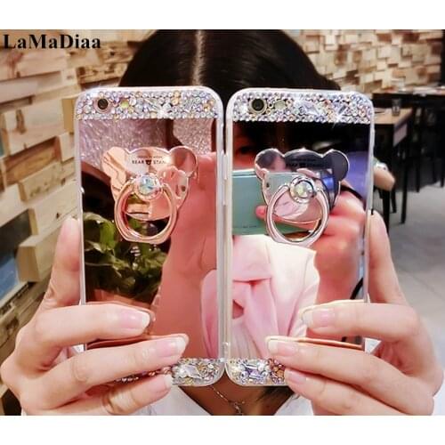 Luxury Rhinestone Case For Samsung S6 S7 S8 S9 S10 Plus Note5 8 9 10 Phone Case Glitter Mirror Girls With Ring Holder Stand Soft