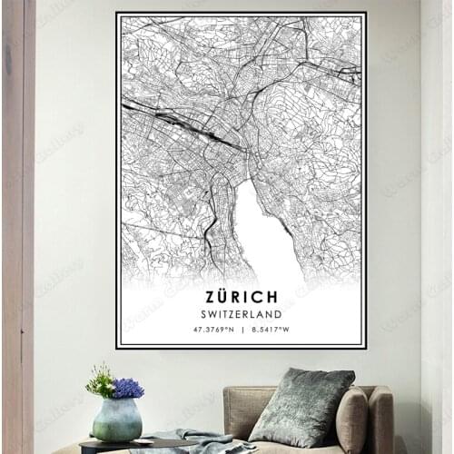 Switzerland City Map Zurich Map Poster Print Abstract Canvas Paintings Black and White Wall Picture Modern Home Decoration