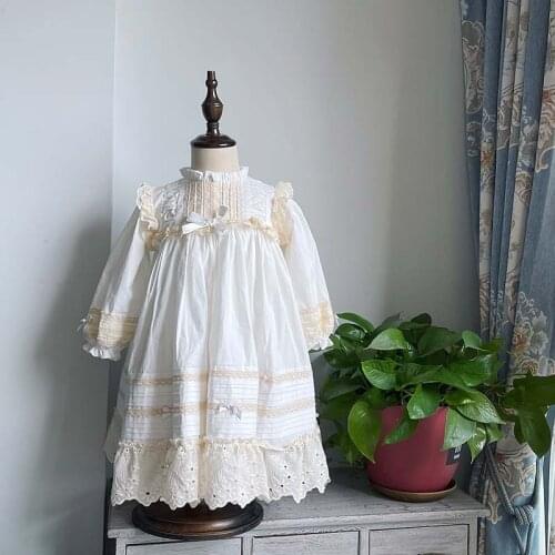 Kids Girls White Long Dresses For Children Autumn Wedding Birthday Party Lace Dress Toddler Girls Pure Cotton Solid Costume