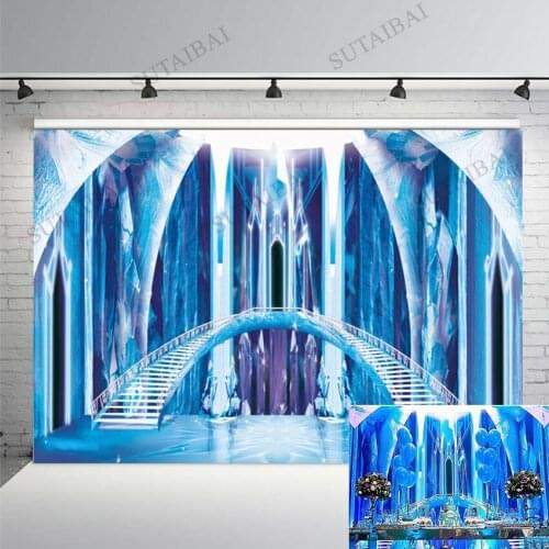Blue Palace Frozen Backdrop Photography Stairs Ice Pillars Princess Girl Birthday Party Photo Booth Photographic Background