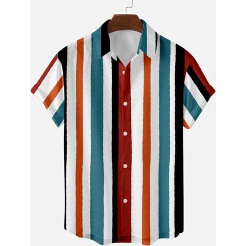 Mens Colorful Striped Casual Shirts Hawaiian Male Beach Blouse Shirt Tops Men 2021 Summer Short Sleeves Shirts Chemise Homme