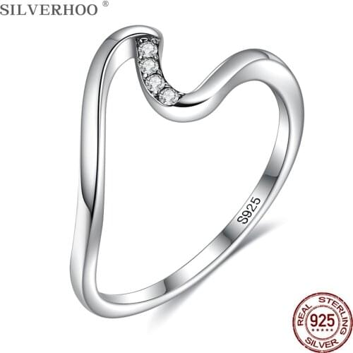 SILVERHOO Authentic 925 Sterling Silver Simpe Wedding Engagement Ring Geometric Wave Finger Rings For Women Jewelry Gift Best