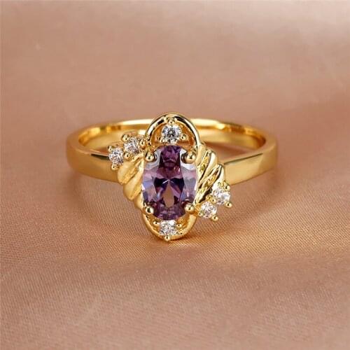 Purple Oval Small Stone Ring Charming Crystal Zircon Rings For Women Wedding Jewelry Vintage Fashion Yellow Gold Birthstone Ring