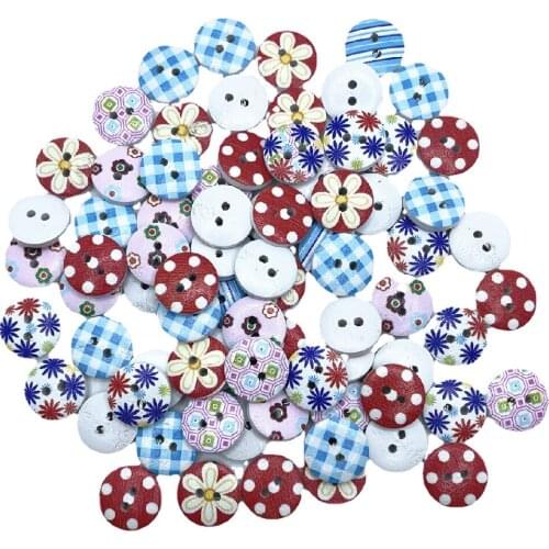 50Pcs Flower DOT Printed Round Wooden Button 2 Holes 14mm Mixed Wood Buttons Sewing Accessories For Clothing Decoration DIY