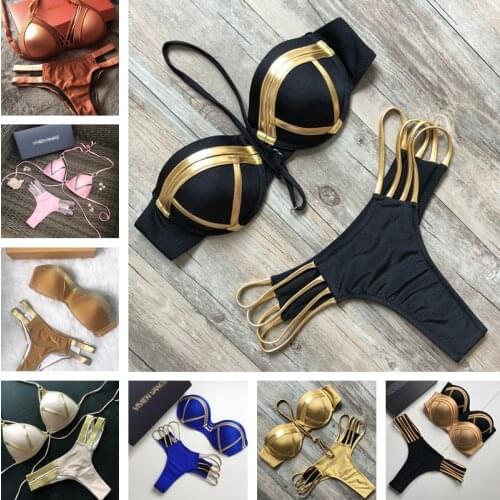 Bandage Swimwear Micro Bikinis 2019 Sexy Bandeau Brazilian Bikini Set Push Up Swimsuit Women Plus Size Beachwear Shiny Swim Suit