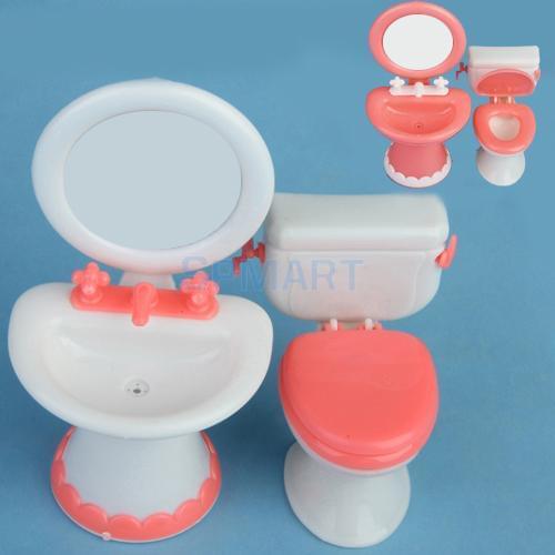 1/6 Scale Miniature Toilet + Sink + Toothbrush Bathroom Furniture Kit for Dollhouse Decor Dolls Accs Kids Pretend Play Toys Gift