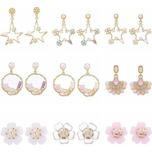 Fashion Pink Star Fan Dangle Earrings Flower Geometric Circle Crystal Earring for Woman Party Beauty Jewelry