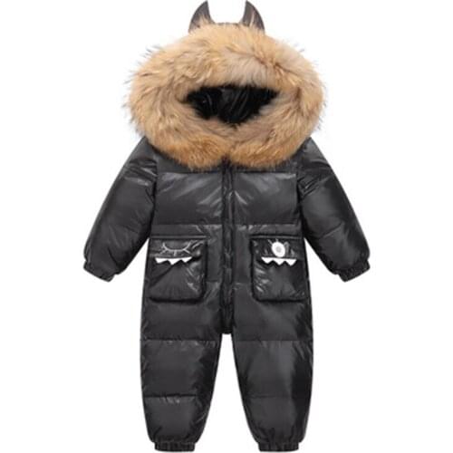 New Baby Winter Jumpsuit Cartoon Dinosaur Real Raccoon Fur Baby Girls Snowsuit Toddler Boys Winter Romper Infant Clothes