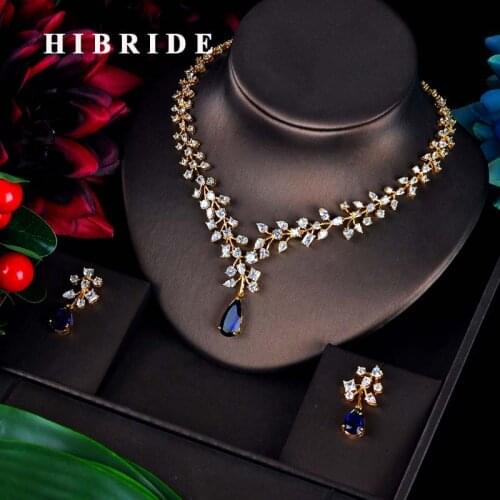 HIBRIDE Charm Wedding Necklace Earrings Sets Blue Water Drop Cubic Zirconia Jewelry for Women Party Bijoux mariage N-592