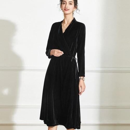 Black Dress Women Silk Velvet V Neck Long Sleeve Slim Designer Middle Length Dresses 2021 Spring Autumn High Waist Lace-up Dress