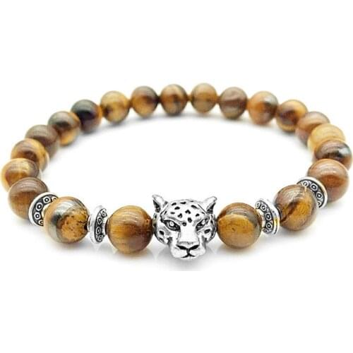 FYSL Silver Plated Leopard Connect Natural Tiger Eye Stone Round Beads Elastic Bracelet Animal Jewelry